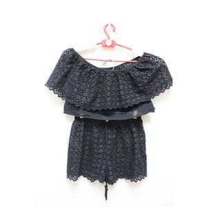 Waimari Black Sheer Eyelet Embroidered Short Crop Top 2 PC Set Size Small